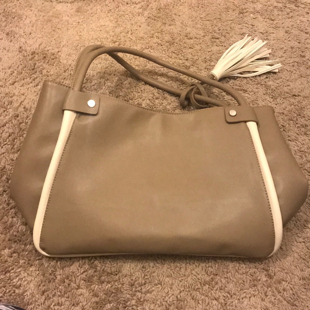 Brown and white tote bag